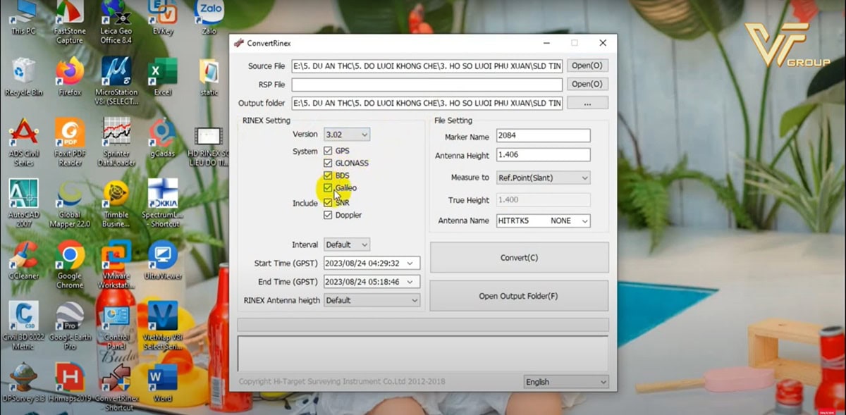 Phần mềm Convert to Rinex số liệu đo tĩnh máy RTK Hi-Target 2 convert to Rinex