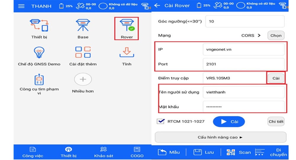 kết nối rover với trạm cors