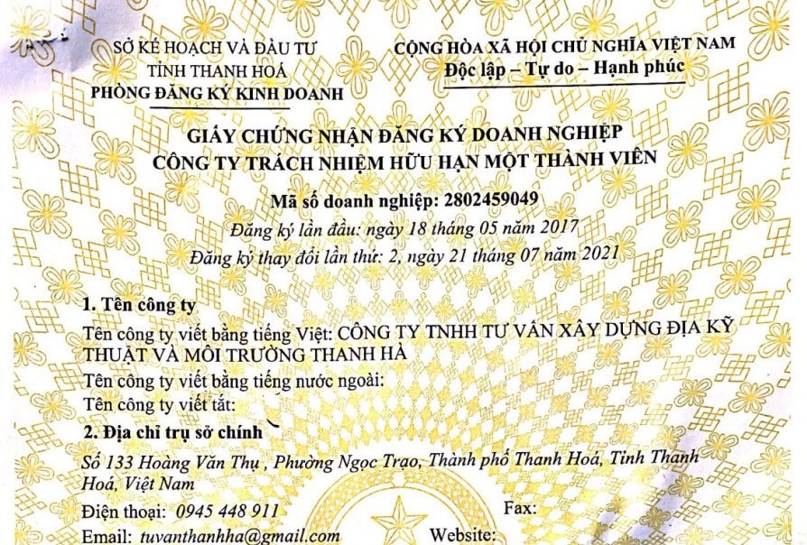 Công ty TNHH Tư vấn Xây dựng Địa kỹ thuật và Môi trường Thanh Hà 46 Công ty Thanh Hà