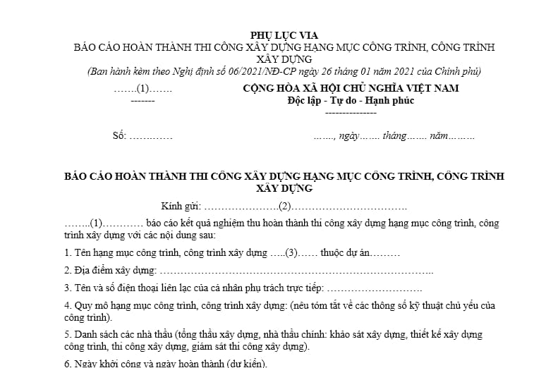 Mẫu báo cáo hoàn thành thi công xây dựng công trình mới nhất 2 Mẫu Báo cáo hoàn thành thi công xây dựng công trình mới nhất hiện nay