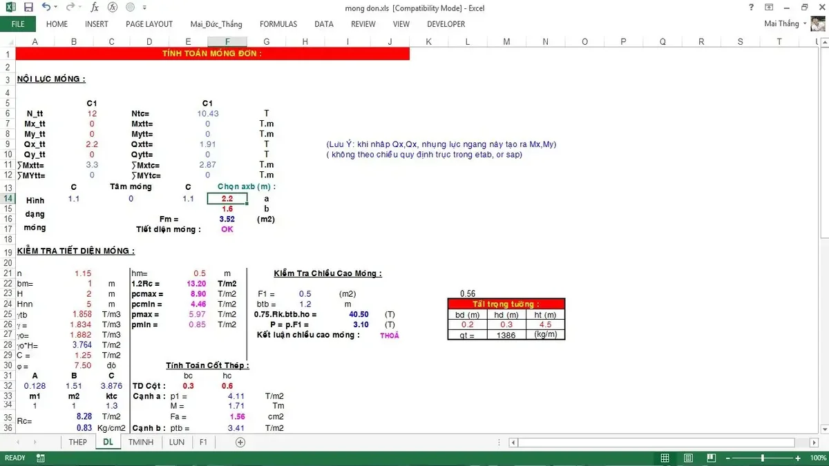 File excel tính toán móng đơn đầy đủ nhất 2 file excel tính toán móng đơn