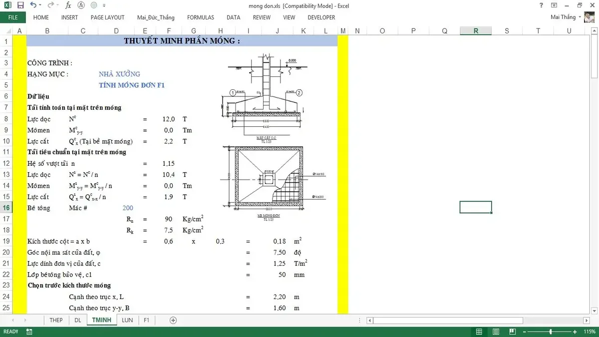 File excel tính toán móng đơn đầy đủ nhất 1 file excel tính toán móng đơn